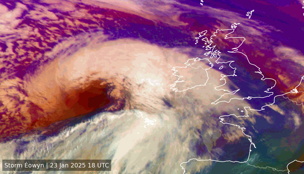 Animated satellite RGB visualisation of Storm Éowyn