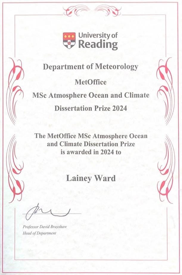 Met Office MSc Atmosphere Ocean and Climate Dissertation Prize 2024 — awarded to Lainey Ward